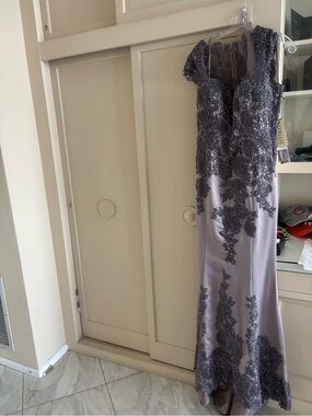 Embroidered Lace Overlay Maxi Dress in Silver Gray